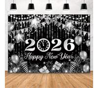 MEHOFOND Fondo negro y plateado con texto en inglés "Happy New Year" para fiesta de cuenta regresiva Hello 2025, globos con purpurina Bokeh, fuegos artificiales, fondo de fotografía, saludos al Año
