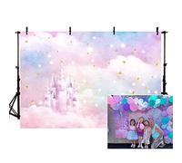 MEHOFOND Fondo para Fiesta de Castillo arcoíris de 2,1x1,5 m,diseño de Nubes Coloridas,Estrellas Doradas,Princesas,telón de Fondo para fotografía,decoración de sesión de Fotos,Letrero de Retrato
