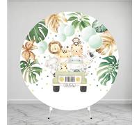 MEHOFOND Fondo redondo de 2 m de diámetro, diseño de animales de safari, hojas de globo verde selva, baby shower, fondo de fotografía, decoración de fiesta de cumpleaños, pancarta de mesa de pastel,