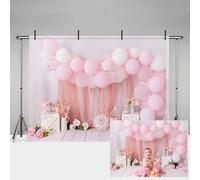 MEHOFOND Fondo rosa de 2,1 x 1,5 m para retrato de cumpleaños de niña con globos, flores, niños, fiesta, pastel, decoración de mesa, pancarta de fondo para recién nacido, suministros de regalo para