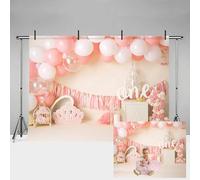 MEHOFOND Globos Rosados de 7 x 5 pies, telón de Fondo de Primer cumpleaños para fotografía, Jaula de pájaros de un año, Pancarta de Fondo de Fiesta para decoración, Accesorios de Estudio fotográfico