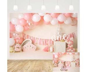 MEHOFOND Globos rosados de 7 x 5 pies, telón de fondo de primer cumpleaños para fotografía, jaula de pájaros de un año, pancarta de fondo de fiesta para decoración, accesorios de estudio fotográfico