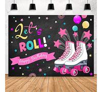 MEHOFOND Let's Roll - Fondo de cumpleaños para niñas, diseño de globo de estrella rosa, suministros de decoración para fiestas con patinaje sobre ruedas para niñas de neón para fotografía de fondo, banner de mesa de tarta, accesorios de estudio de fotos, 2,1 x 1,5 m