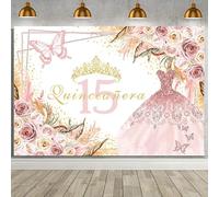 MEHOFOND Telón de fondo bohemio de quinceañera de 2.1 x 1.5 m para niña dulce, bohemio, cumpleaños, fondo de mariposa rosa, corona floral azul, princesa, pancarta de princesa, suministros de