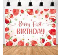 MEHOFOND Telón de fondo de 2,1 x 1,5 m con diseño de fresa dulce para primer cumpleaños, decoración de fiesta de primer cumpleaños, pancarta de fresa, margarita, fondo de fotografía, tema de fresa,