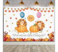 MEHOFOND Telón de fondo de 2.1 x 1.5 m para cumpleaños, baby shower, con texto en inglés "Our Little Turkey is Turning One", pancarta de decoración de fiesta, hojas de otoño, pavo, recién nacidos,