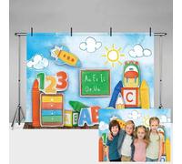 MEHOFOND Telón de fondo de 2,4 x 1,8 m para el regreso a la escuela, cielo azul, nube, blanco, ABC, pizarra para niños, escuela, fiesta, fotografía, pancarta de fondo con texto en inglés «Watch Out