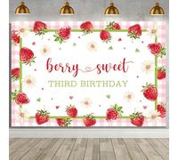 MEHOFOND Telón de fondo de cumpleaños de fresa de 2.1 x 1.5 m, decoración de tercer cumpleaños, pancarta de decoración de cumpleaños con diseño de bayas de margaritas, fiesta de 3º cumpleaños,