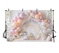 MEHOFOND Telón de fondo de cumpleaños de niña rosa de 7 x 5 pies, diseño de oso rosa, tienda de campaña de arco iris, fondo de fotografía pastoral para baby shower, pastel, decoración de fiesta de