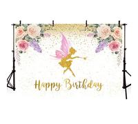 MEHOFOND Telón de fondo de cumpleaños para niñas de 7 x 5 pies, feliz cumpleaños, hada mágica, color flor, puntos dorados, fondo para fotografía, decoración de fiesta de cumpleaños, decoración de