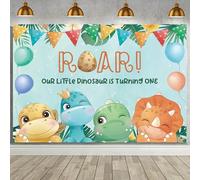 MEHOFOND Telón de fondo de dinosaurio para primer cumpleaños de 2.1 x 1.5 m, con texto en inglés "Our Little Dinosaur is Turning One" para decoración de fiesta de cumpleaños, pancarta de fondo para