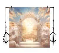 MEHOFOND Telón de fondo de escalera al cielo de 8 x 8 pies para fotografía, puerta del paraíso, cielo, nubes blancas, fondo para adultos, niños, retrato de bautizo, funeral, día conmemorativo,