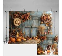 MEHOFOND Telón de fondo de fotografía de otoño de 2,1 x 1,5 m, hojas doradas, paja, calabaza, cosecha, azul, pintado de madera, para puerta, fondo de fotografía, retrato infantil, decoración de fiesta