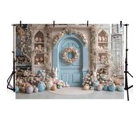 MEHOFOND Telón de fondo de Pascua de 2,1 x 1,5 m para fotografía, puerta azul de primavera, fondo de huevo colorido, retrato de niños, baby shower, pastel, decoración de fiesta de cumpleaños,