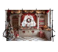 MEHOFOND Telón de fondo de postre de Navidad de 2,1 x 1,5 m, para invierno, cocina, pastel, caramelo, árbol de Navidad, ventana, paisaje de nieve, fondo de fotografía, decoración de fiesta familiar,