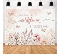 MEHOFOND Telón de fondo de primer cumpleaños de flores silvestres para niñas con texto en inglés "Our Little Wildflower is Turning One" decoración de cumpleaños, pancarta de acuarela rosa, mariposa,