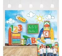 MEHOFOND Telón de fondo de regreso a la escuela de 10 x 7 pies, cielo azul, nube blanca, pizarra ABC, pizarra para niños, escuela, fiesta, fotografía, pancarta de fondo con texto en inglés "Watch Out