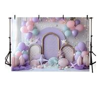 MEHOFOND Telón de fondo de sirena de niña de 7 x 5 pies bajo el mar, globos rosados, estrella de mar, concha, arco morado, fondo de fotografía, baby shower, pastel, princesa, decoración de fiesta de