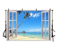 MEHOFOND Telón de fondo de ventana de paisaje marino de 2,1 x 1,5 m, cielo azul, paisaje junto al mar, playa de arena con palmera, fondo de fotografía para videoconferencia, fondo de fotografía para