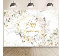 MEHOFOND Telón de fondo floral de 7 x 5 pies, diseño floral de feliz aniversario, fondo blanco para fotografía, mármol blanco, flor, dorada, purpurina, lunares, boda, fiesta, compromiso, decoración de