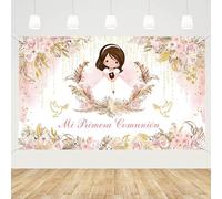 MEHOFOND Telón de fondo Mi Primera Comunión de 1,8 x 1,1 m para niña, rosa pastel, fondo de fotografía Mi Bautizo, decoración de fiesta de primera comunión, plumas, trigo, paloma, Dios bendiga,
