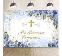 MEHOFOND Telón de fondo Mi Primera Comunión de 2,1 x 1,5 m, azul pastel, fondo de fotografía, cuentas florales, decoración de fiesta de primera comunión, cruz, paloma, Dios, bendiga, fiesta, pancarta