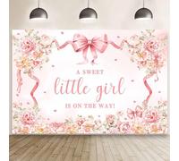MEHOFOND Telón de fondo para baby shower con lazo rosa de 7 x 5 pies, con texto en inglés "A Sweet Little Girl is on The Way", fondo de fotografía, decoración de baby shower, corazones It's A Girl,