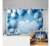 MEHOFOND Telón de fondo para fotografía de cumpleaños de niño de 7 x 5 pies, nubes blancas, globo aerostático azul, fondo de retrato para baby shower, pastel, decoración de fiesta de niños,