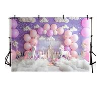 MEHOFOND Telón de fondo para fotografía de niñas de 7 x 5 pies, castillo de ensueño, unicornio, arco de globos, fondo de nube blanca, fondo de nube blanca, baby shower, pastel, decoración de fiesta de
