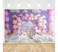 MEHOFOND Telón de fondo para fotografía de retrato de niñas de 7 x 5 pies, castillo de ensueño, unicornio, arco de globos morados, fondo de nube blanca, fondo de nube para baby shower, decoración de