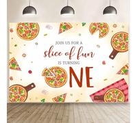 MEHOFOND Telón de fondo para primer cumpleaños de pizza de 7 x 5 pies, únete a nosotros para una rebanada de diversión para fotografía de cumpleaños, fondo amarillo pastel, cocina, decoración de