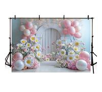 MEHOFOND Telón de fondo rosa de 2,1 x 1,5 m, diseño de flores, margaritas, arco de globos, fondo de fotografía, baby shower, pastel, fiesta de cumpleaños, decoración de pancarta de estudio