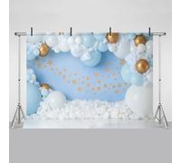 MEHOFOND Telones de Fondo de cumpleaños de niño Azul de 8 x 6 pies para fotografía,Nubes Blancas,Globos Dorados y Estrellas,Pancarta de Fiesta para niños,decoración de Tartas,Accesorios de Regalo