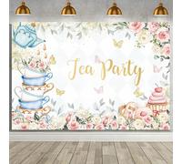 MEHOFOND Telones de fondo de cumpleaños para fiesta de té de 2,1 x 1,5 m, diseño floral rosa con texto en inglés "Let's Partea", telón de fondo para fotografía, decoración de fiesta de té, baby