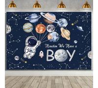MEHOFOND We Have A Boy - Telón de fondo para baby shower con temática del espacio exterior para niños, astronauta, cohete, estrellas, planeta, galaxia, espacio, galaxia, baby shower, decoración de
