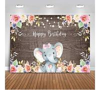 Mehofoto Baby Girl Elephant Telón de Fondo 7x5ft Elefante Feliz cumpleaños Floral Pared de Madera Photo Booth Telones Fotografía Estudio Prop Fondo