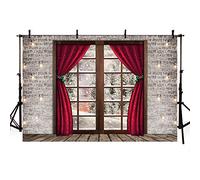 MEHOFOTO - Cortina roja de 2,1 x 1,5 m para fiesta de Navidad de invierno, fondo de fotografía, luces con purpurina, pared de ladrillo, copo de nieve, árbol de fondo rústico, suelo de madera marrón,