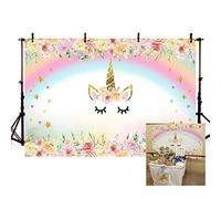 MEHOFOTO Fondo de cabina de estudio de fotos con diseño de unicornio y arco iris, con estrellas doradas, para baby shower, cumpleaños, para fotografía de 7 x 5 pies
