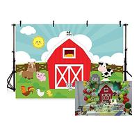 MEHOFOTO Fondo de cabina de estudio fotográfico de granero rojo, dibujos animados, animales rústicos, hierba verde, cielo, decoración de fiesta de cumpleaños infantil, telón de fondo para fotografía,