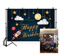 MEHOFOTO Fondo de fotos con temática de espacio de dibujos animados, cohete, cielo estrellado, luna, nube, niño, decoración de fiesta de cumpleaños, pancarta de fondo infantil para fotografía de 7 x