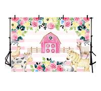 MEHOFOTO Fondo rosa para estudio de fotos de fiesta de granja rústica con animales de granero, rayas rosas, diseño floral, para cumpleaños, baby shower, decoración para fotografía, 2,1 x 1,5 m