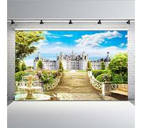 Mehofoto Fondo Tropical 7 x 5 ft Mediterráneo Mar Jardín Foto fondos azul cielo castillo blanco nubes fondo de fotografía