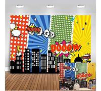 Mehofoto Foto de Cumpleaños Superhéroe Telón de Fondo 7x5ft Paisaje Urbano Dibujos Animados supercity Edificios Altos telones de Fondo sin Costura Niños Fiesta Fotografía Fondo