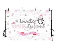 MEHOFOTO Pingüino de invierno para niña, fondo de fotografía de princesa bebé rosa y plata, copos de nieve para el invierno, fiesta de primer cumpleaños, decoración de estudio fotográfico, pancarta