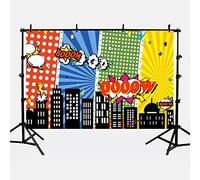 Mehofoto Superhéroe - Fondo de fotos (poliéster, 7 x 1,5 m), diseño de ciscape, dibujos animados, fondo de edificios altos, sin costuras, fondo de fotografía para niños