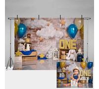 MEHOFOTO - Telón de fondo azul y dorado para estudio fotográfico de un cumpleaños, globos de nube, estrellas, retro, pared, feliz primer cumpleaños, decoración de fiesta de cumpleaños, pancarta de