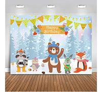 Mehofoto Tema de Feliz cumpleaños Contexto Oso Fox y Conejo Fondo de Nieve Fondos de Fotos 7x5ft Navidad Invierno Banderas Coloridas Banner Fotografía Fondo