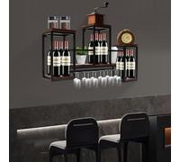 MEHOOSPVN Botellero de pared industrial vintage con 6 soportes para vasos de vapor, estante de madera, soporte para botellas de metal, soporte para botellas de vino multifunción, estante de exhibición