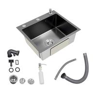 MEHOOSPVN Fregadero de cocina de acero inoxidable, fregadero empotrable, lavabo individual con sobre y desagüe, dispensador de jabón, escurridor, resistente a las manchas y fácil de limpiar, 1 cuenco