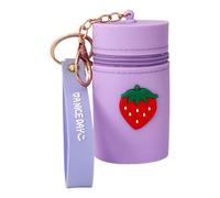 MEIBAOGE Bolsas de silicona portátiles para monedas con llavero, estuche para pintalabios de dibujos animados, bolsa de cambio para mujeres y niñas, Strawberry, Length 7cm